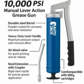 Autojack Heavy Duty Grease Gun, 10,000 PSI Lever Action, Bulk & Cartridge Loading, Air Release Valve, for Automotive, Agricultural, Industrial Use